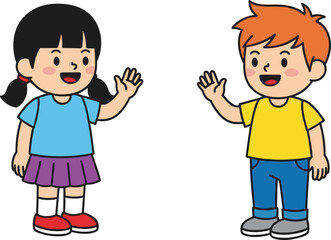 Two cartoon children waving at each other, friendly greeting gesture, happy kids interaction, cheerful expressions, friendship and communication, playful social scene, flat vector illustration