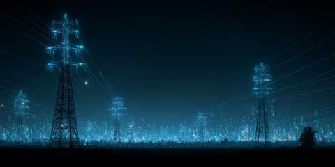 A cityscape with many tall power lines and a dark sky