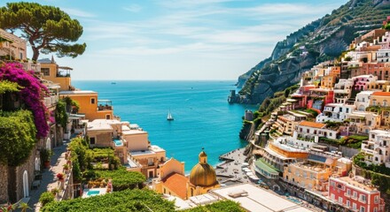 Colorful Coastal Village with Vibrant Buildings and Blue Sea in Mediterranean Setting