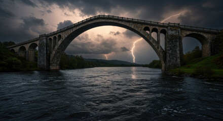 Fototapeta premium Stone railway bridge stormy weather landscape