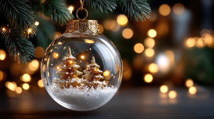 Christmas transparent bauble hanging with miniature snowy tree, golden confetti, blurred festive lights, holiday candle backdrop creating magical seasonal atmosphere