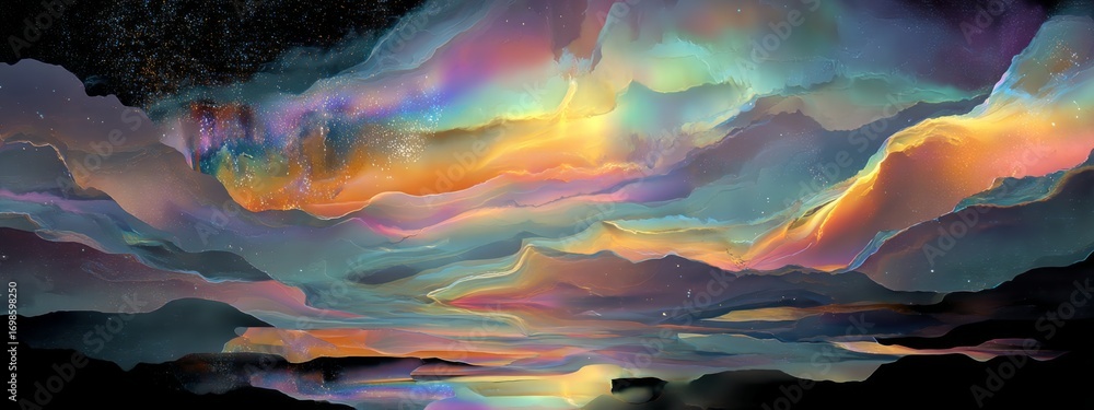 Poster surreal cosmic aurora with gradient colors creating a metallic reflection in a dreamlike landscape