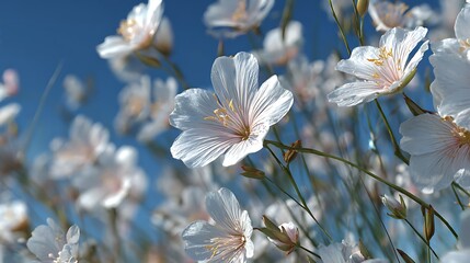 Close-up view of many delicate white flowers against a clear blue sky.