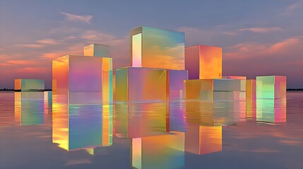 Iridescent glass cubes reflecting in calm water at sunset.