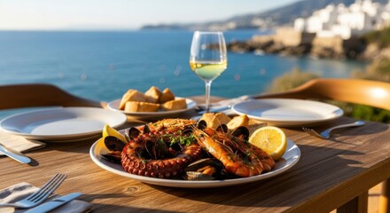 Seafood Platter with Glass of White Wine on Outdoor Table by Ocean Coast
