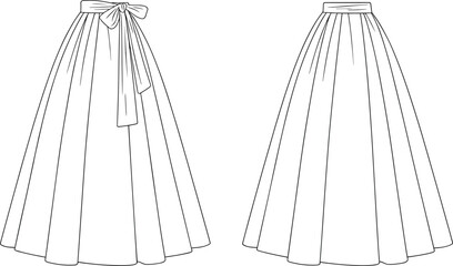 Elegant long pleated skirt fashion flat sketch, front and back views, detailed bow waist design, technical drawing for apparel designers