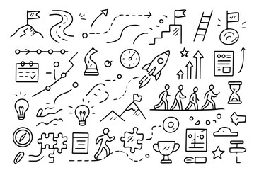 Hand-drawn doodle style vector set of strategic roadmap elements, playful sketchy outlines, Ideal for Both Digital and Print Use
