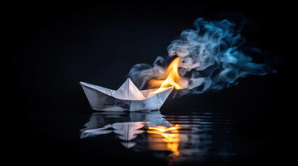 Paper boat fire smoke reflection dark background water minimal concept dramatic risk. Paper boat with fire and smoke water, reflection glows dark background, minimal concept and dramatic mood