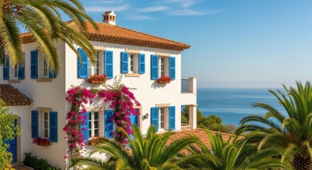 Beautiful Mediterranean Style White House with Blue Shutters and Pink Bougainvillea Near the Sea