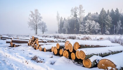 Snowy forest with stacked logs (1)