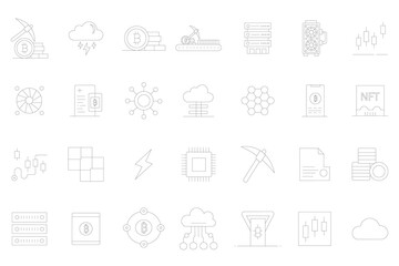 Cryptocurrency Mining Technology Outline Icon Set Blockchain, Rig, Server Vector Pack