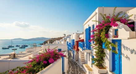 Colorful Mediterranean Village with White Buildings Bright Blue Doors and Pink Bougainvillea by the Sea