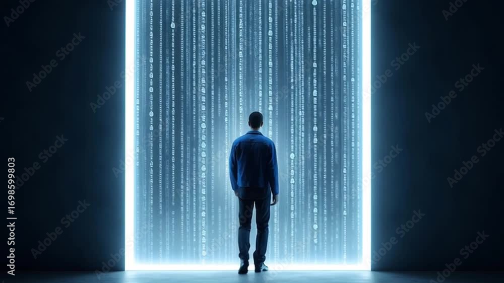Poster a person standing before a glowing data stream, symbolizing technology.