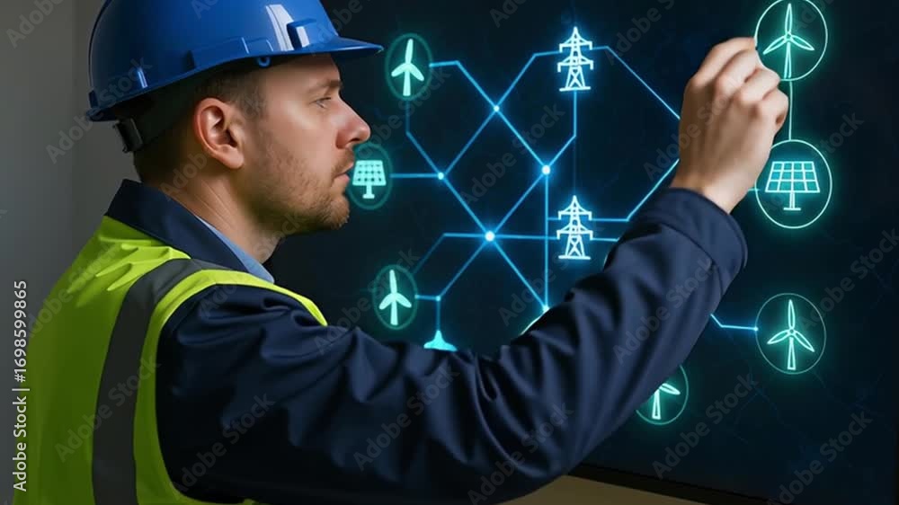 Poster a technician interacts with a digital interface displaying renewable energy sources.