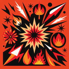 Abstract explosion of fire and shapes on orange flames