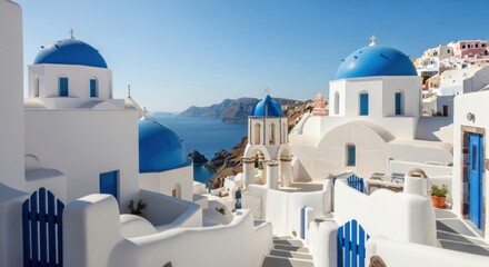 White Greek Church with Blue Domes in Santorini Island Overlooking the Sea