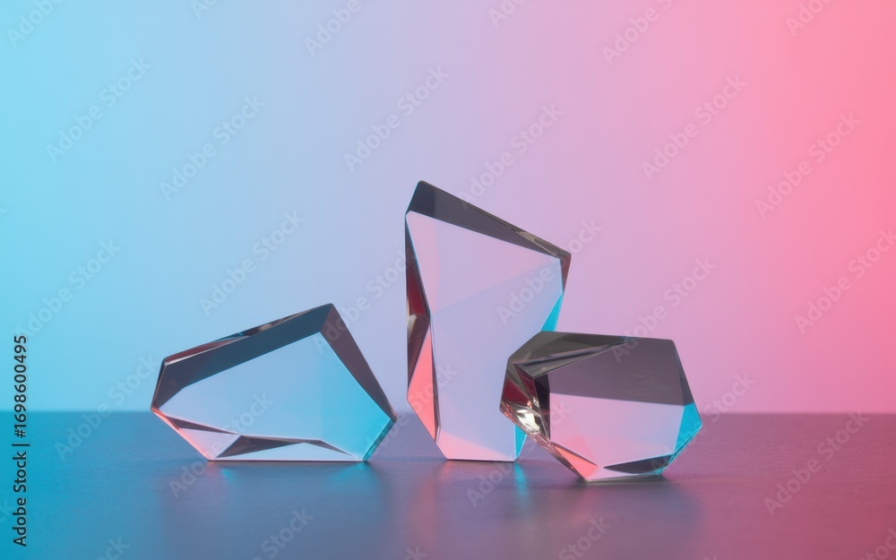 Poster geometric prism display: three translucent geometric prisms, each reflecting and refracting light wi
