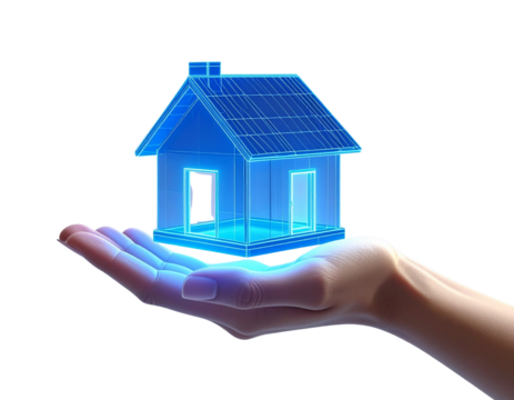  Minimalist Hand Holding Geometric House Symbol, Modern Tech Property Concept, Transparent Background. - Powered by Adobe