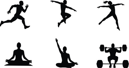 Fitness and exercise silhouettes showing running, jumping, yoga, weightlifting, and stretching, promoting active lifestyle, health, strength, and flexibility