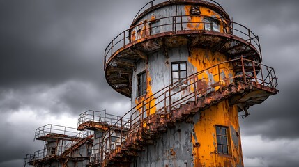 A decaying, rusty metal industrial tower with a spiral staircase under a dark and ominous stormy sky.
