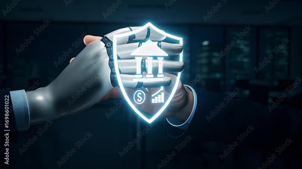 Poster an artificial intelligence robot and human hands holding a glowing shield with a bank building on it