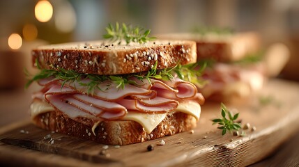 A delicious ham and cheese sandwich on toasted bread, garnished with fresh herbs and peppercorns, presented on a rustic wooden cutting board.