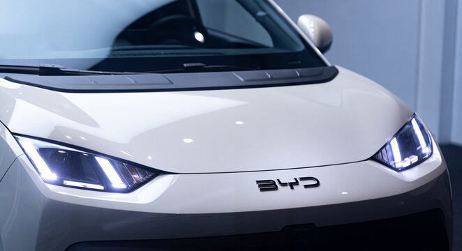 frankfurt, hesse, germany - 09 09 2025: a sign of an byd car