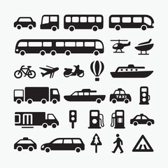 Collection of diverse transportation vehicle icons and symbols on a white background © shanto