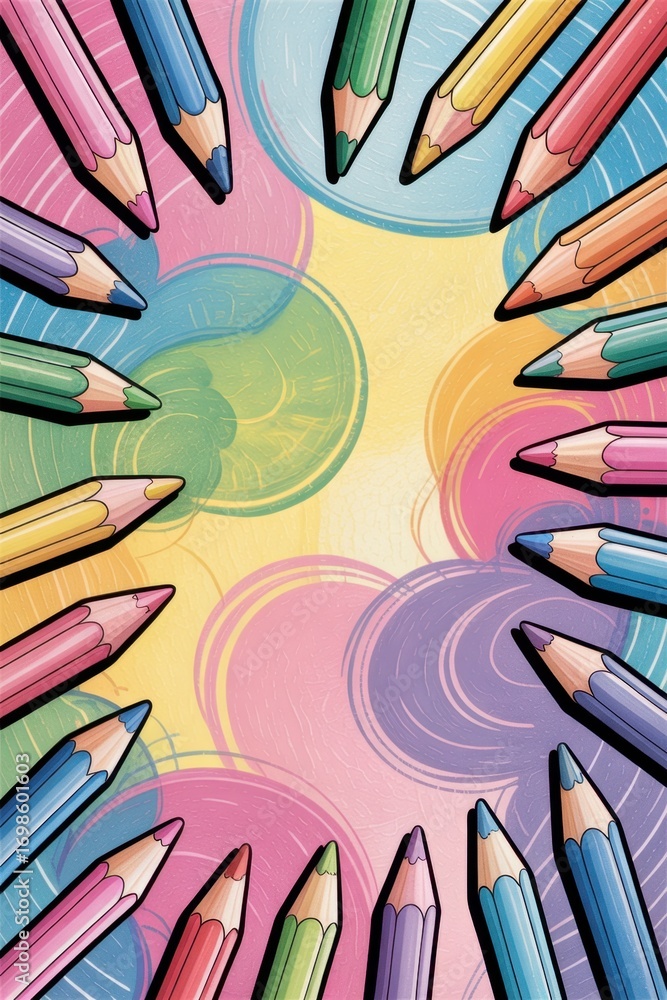 Aufkleber artistic palette: an artistic representation of multicolored pencils encircling a vibrant array of r