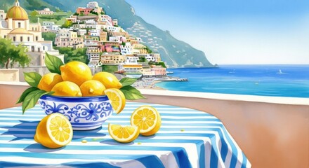 Lemon Fruits in Blue and White Bowl on Striped Tablecloth with Coastal Village and Ocean View