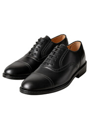Two black shoes with a black leather upper and a black lace up