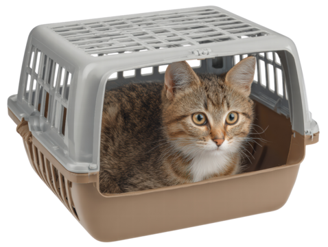 Tabby cat pet carrier brown plastic animal indoor cute alert expression
