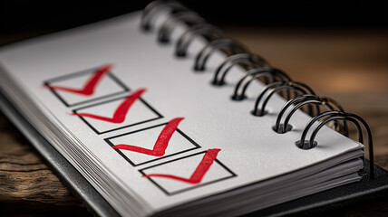 A spiral notebook with marked checkboxes illustrates goals achieved and daily planning, highlighting personal organization and productive habit building.
