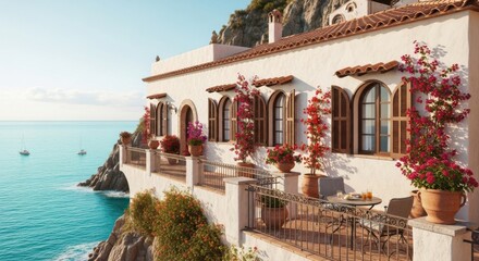 Coastal Mediterranean House with Flowering Plants and Ocean View