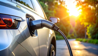 Charging EV: A modern electric vehicle is connected to a charging station, symbolizing eco-friendly transport, a sunny day, and an eye-level shot