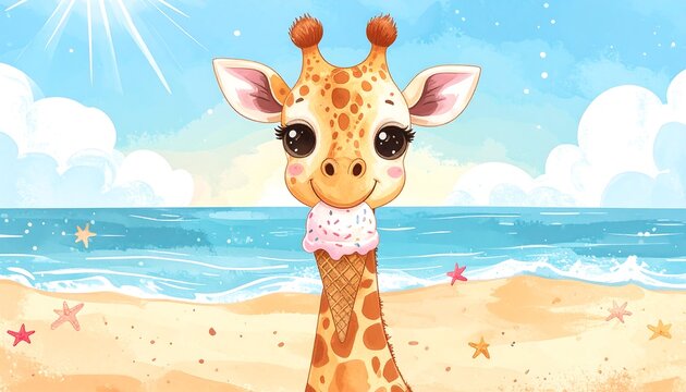Cute giraffe with ice cream on beach