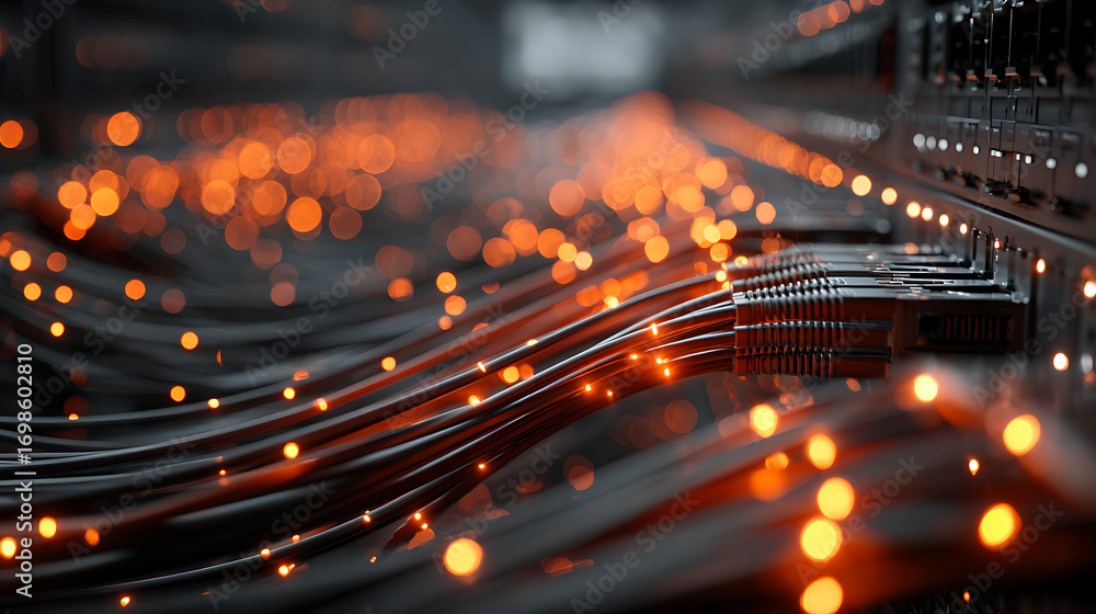 Poster close up of network cables and ports in high tech data center showcasing digital infrastructure tech