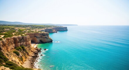 Coastal Cliffs with Turquoise Sea and Clear Sky in Sunny Day