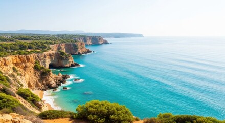 Scenic Coastal Cliff Landscape with Turquoise Water and Green Vegetation