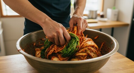 Kimchi,  hands mixing kimchi in a large metal bowl on a wooden surface in a bright kitchen area