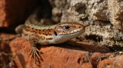Naklejka premium Lizard on brick wall closeup