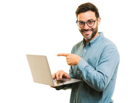 A man is holding a laptop and pointing to it