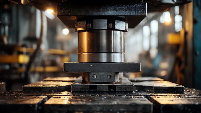 A Close-Up View of a Powerful Industrial Metal Stamping Press in Operation Within a Busy Factory Setting