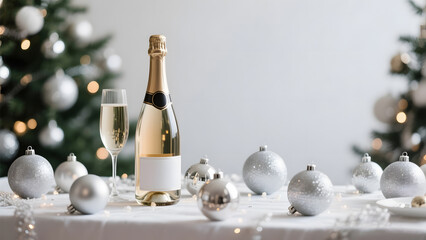Holiday champagne bottle with glass and silver baubles on elegant winter festive table