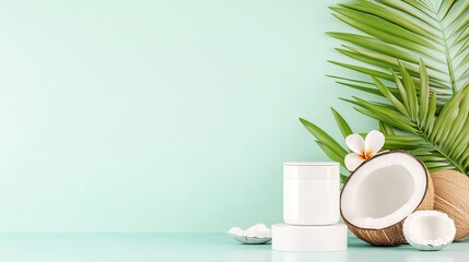 Mockup of natural cosmetic product containers with halved coconuts and tropical palm leaves against an isolated light green background