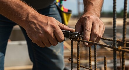 Worker's hands using pliers to tie a metal wire around a steel rebar cage. Concept of structural reinforcement and civil engineering.