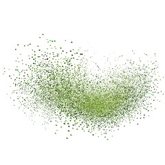 Green matcha tea dust and powder splashes with mint spray effect, top view on white background.