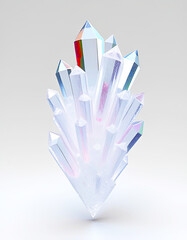 Shiny transparent clear quartz crystal cluster with sharp pointed facets on light background