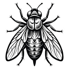 Monochrome Illustration of a Detailed Fly with Prominent Wings and Legs Artistic Insect Depiction in Black and White
