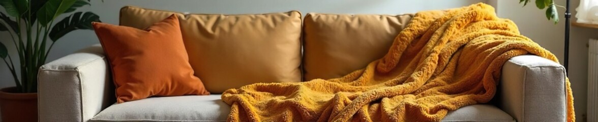 Cozy living room scene featuring a plush throw blanket draped over a sofa, adding warmth and texture to the home , soft, brown